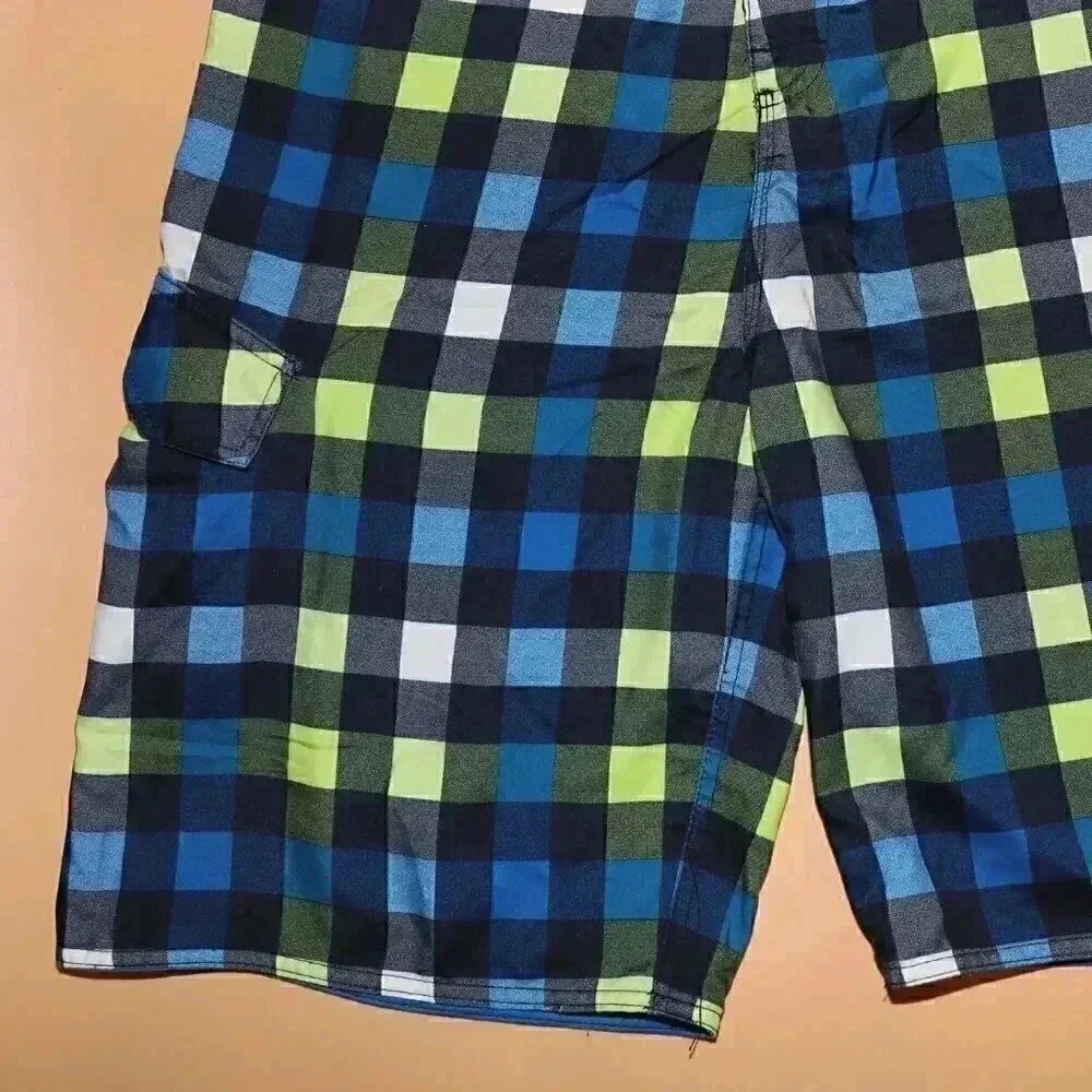 Burnside Blue Lime Green Checkered Swim Trunks Size 34 Summer Beach Board Shorts
